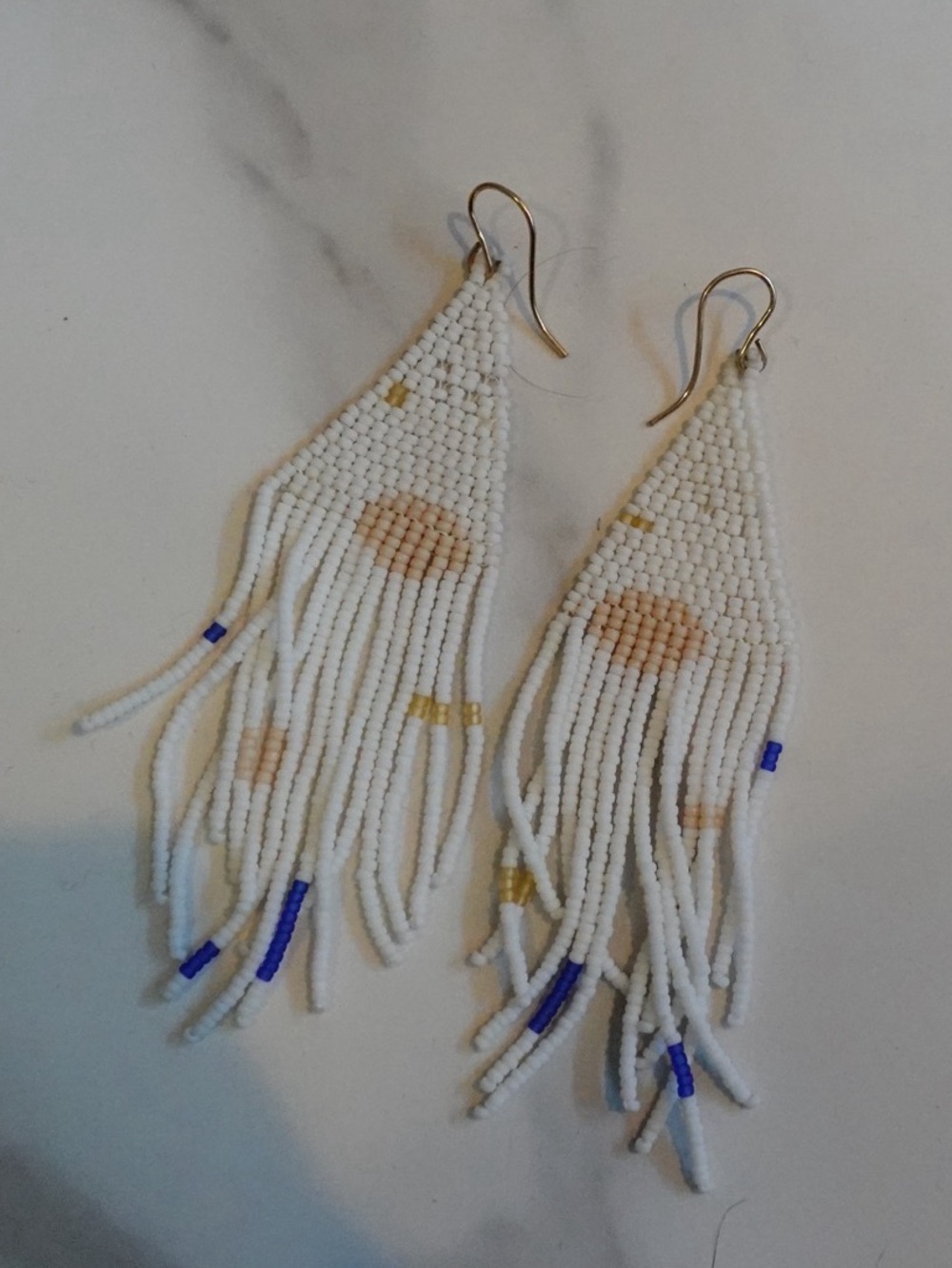 Beaded Fringe Earrings in White & Blue Like New